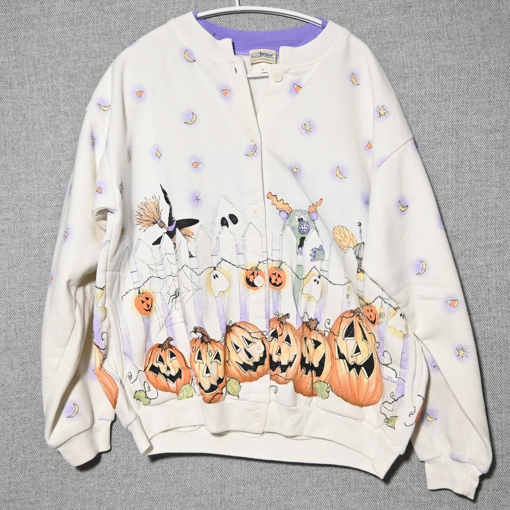 Artisans Halloween Cardigan Sweatshirt Womens Vintage Graphic Large White USA